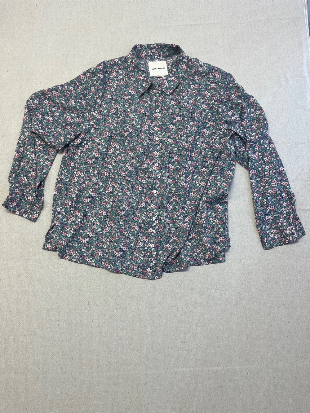Lucky Brand Floral Button Down Blouse Women’s XL Green Pink Cottagecore